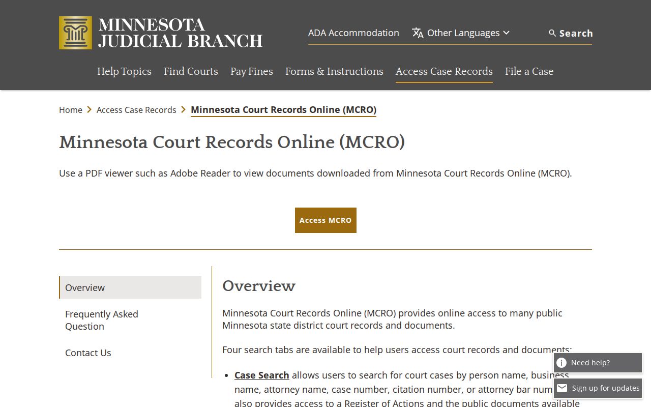 Blue Earth County booking case record access through Minnesota Court Records Online