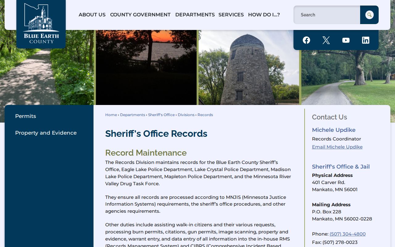 Blue Earth County booking-record request and Sheriff Records information