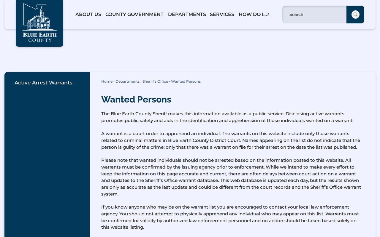 Blue Earth County wanted persons notice with daily update and safety information